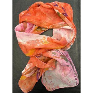 New Dana Herbert 100% Silk Scarf Handmade in Oregon 12”x58” Pink, Orange Floral